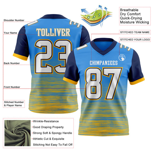Custom Powder Blue White Gold-Navy Authentic Fluid Scratch Waves Football Jersey