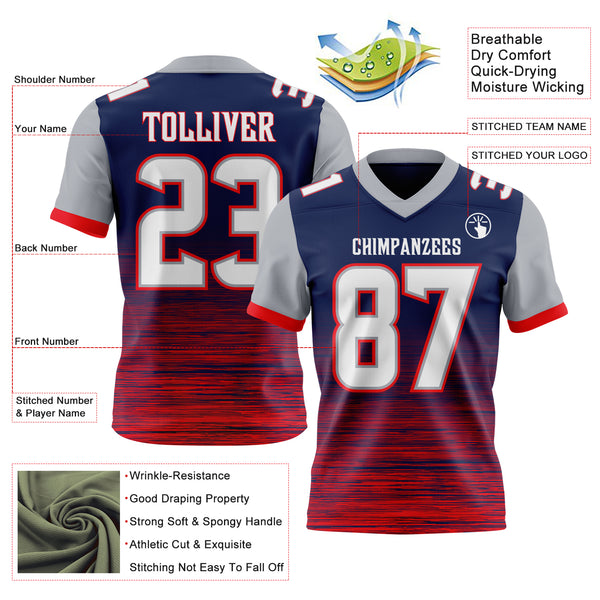Custom Navy White Fire Red-Gray Authentic Fluid Scratch Waves Football Jersey