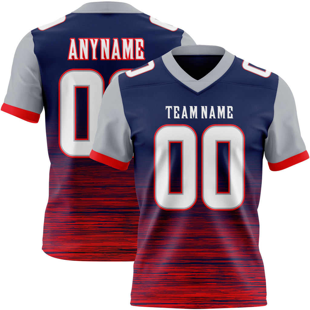 Custom Navy White Fire Red-Gray Authentic Fluid Scratch Waves Football Jersey