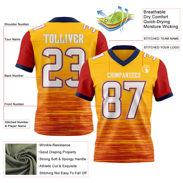 Custom Gold White Red Gray-Navy Authentic Fluid Scratch Waves Football Jersey