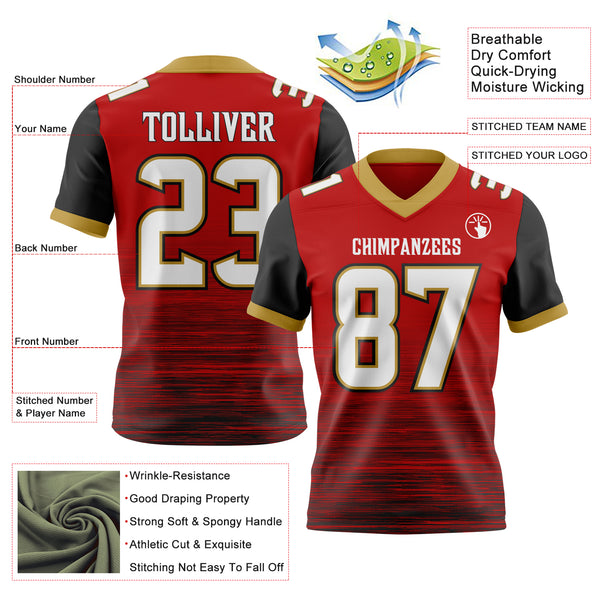 Custom Red White Black-Old Gold Authentic Fluid Scratch Waves Football Jersey