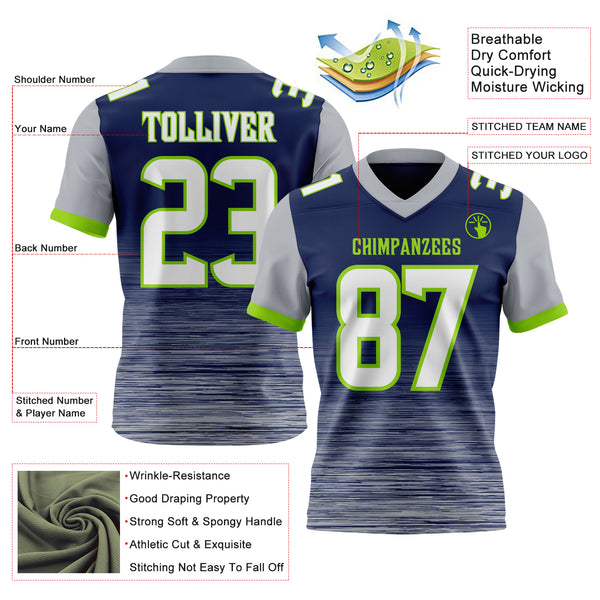 Custom Navy White Gray-Neon Green Authentic Fluid Scratch Waves Football Jersey