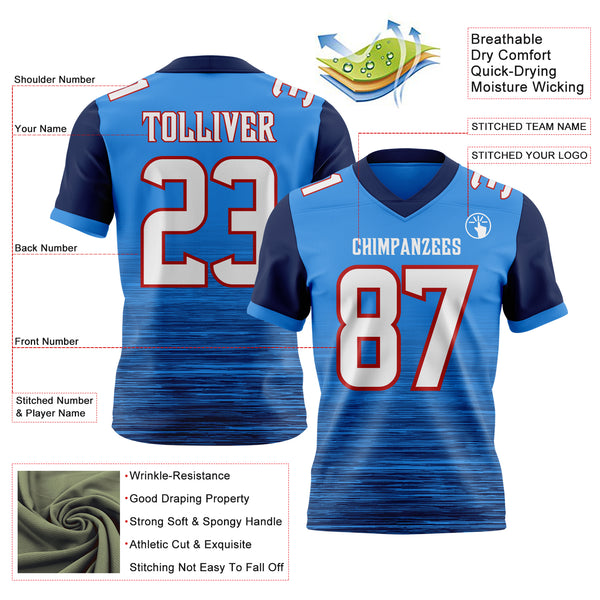Custom Powder Blue White Navy-Red Authentic Fluid Scratch Waves Football Jersey