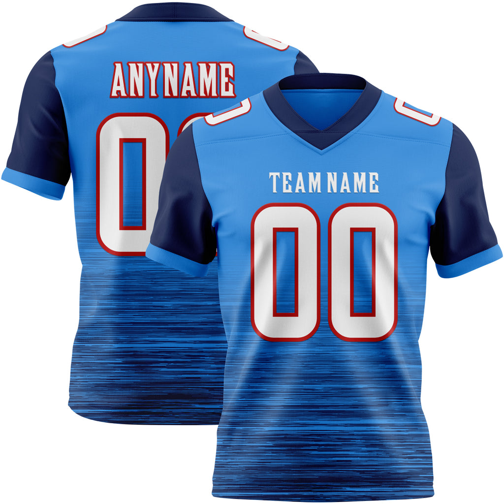 Custom Powder Blue White Navy-Red Authentic Fluid Scratch Waves Football Jersey