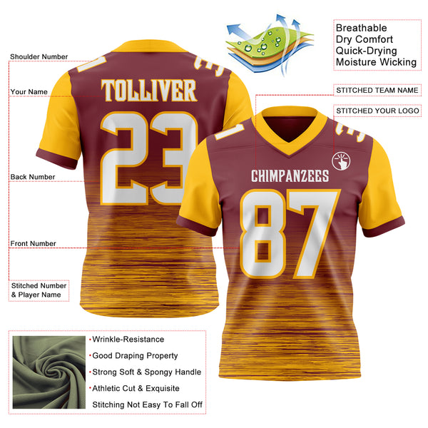Custom Burgundy White-Gold Authentic Fluid Scratch Waves Football Jersey
