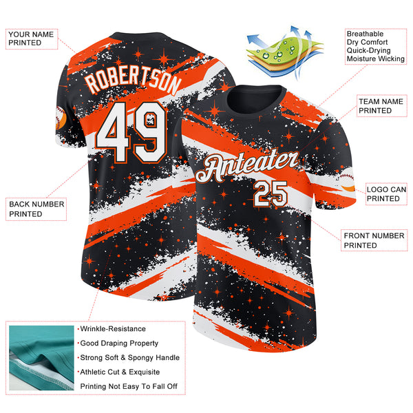 Custom Black White-Orange Brush Stroke Splatter Starburst Performance T-Shirt