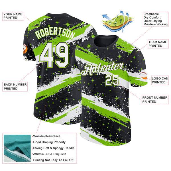 Custom Black White-Neon Green Brush Stroke Splatter Starburst Performance T-Shirt