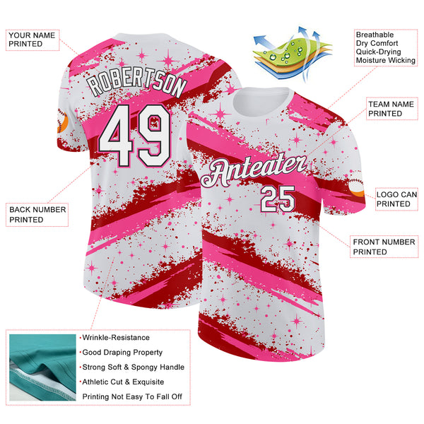 Custom White Pink Red-Black Brush Stroke Splatter Starburst Performance T-Shirt