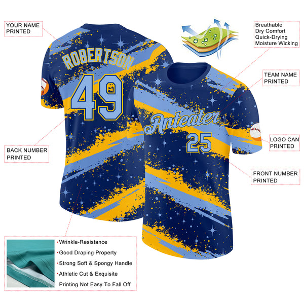 Custom Royal Light Blue-Yellow Brush Stroke Splatter Starburst Performance T-Shirt