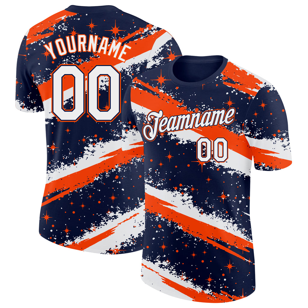 Custom Navy White-Orange Brush Stroke Splatter Starburst Performance T-Shirt