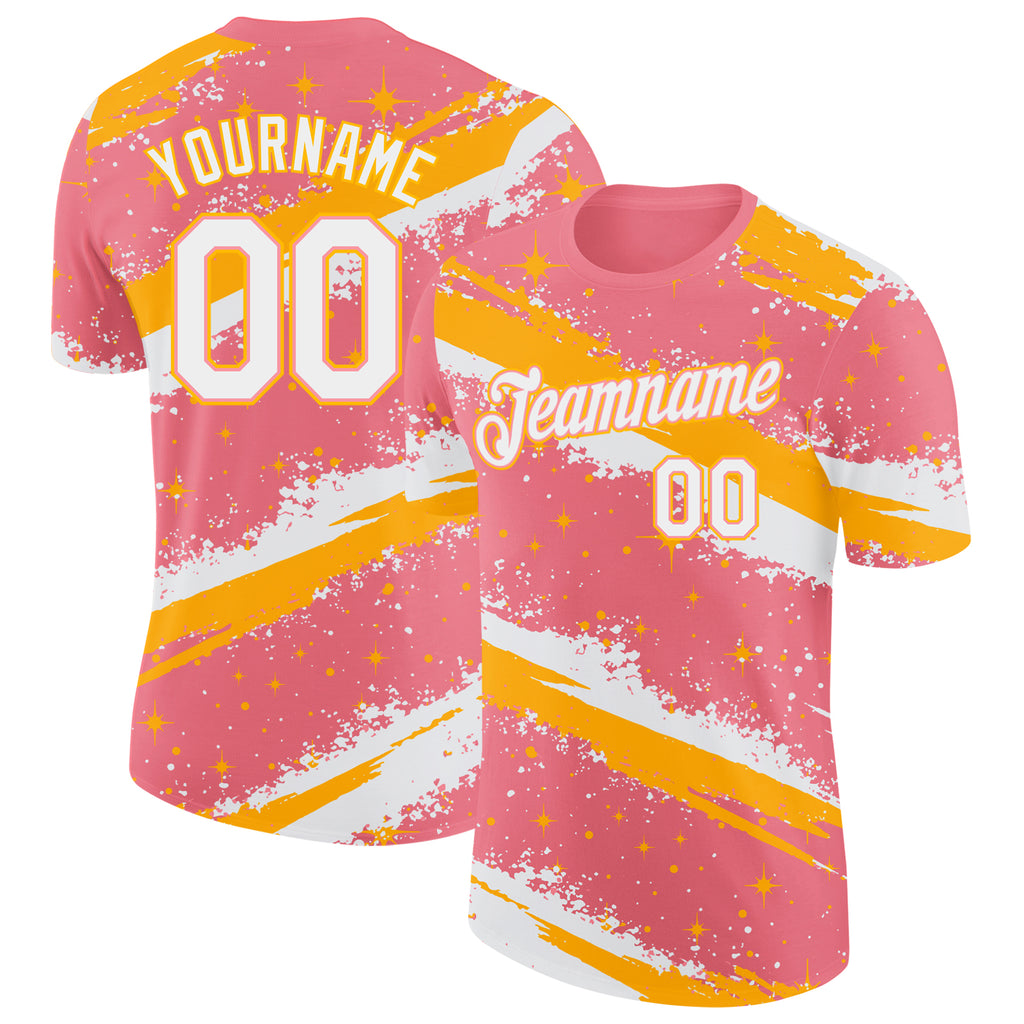 Custom Medium Pink White-Gold Brush Stroke Splatter Starburst Performance T-Shirt