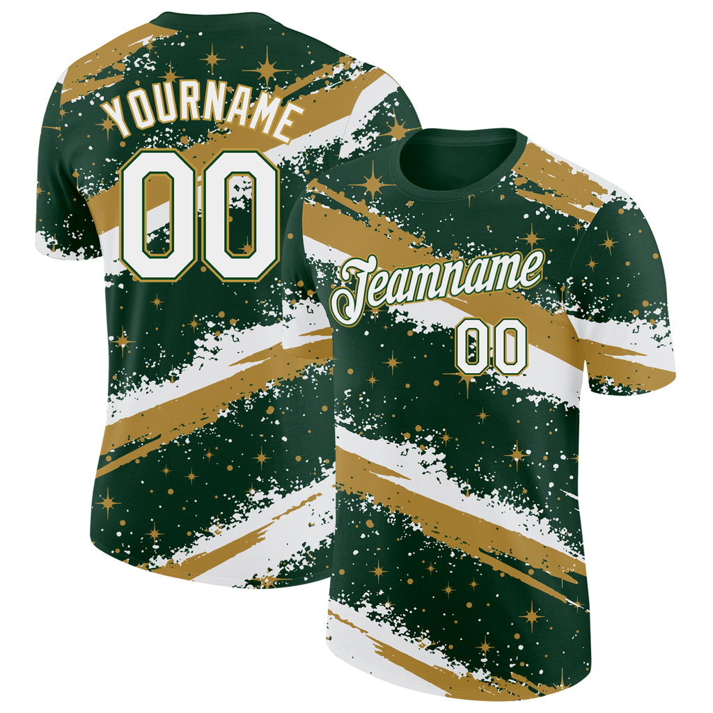 Custom Green White-Old Gold Brush Stroke Splatter Starburst Performance T-Shirt