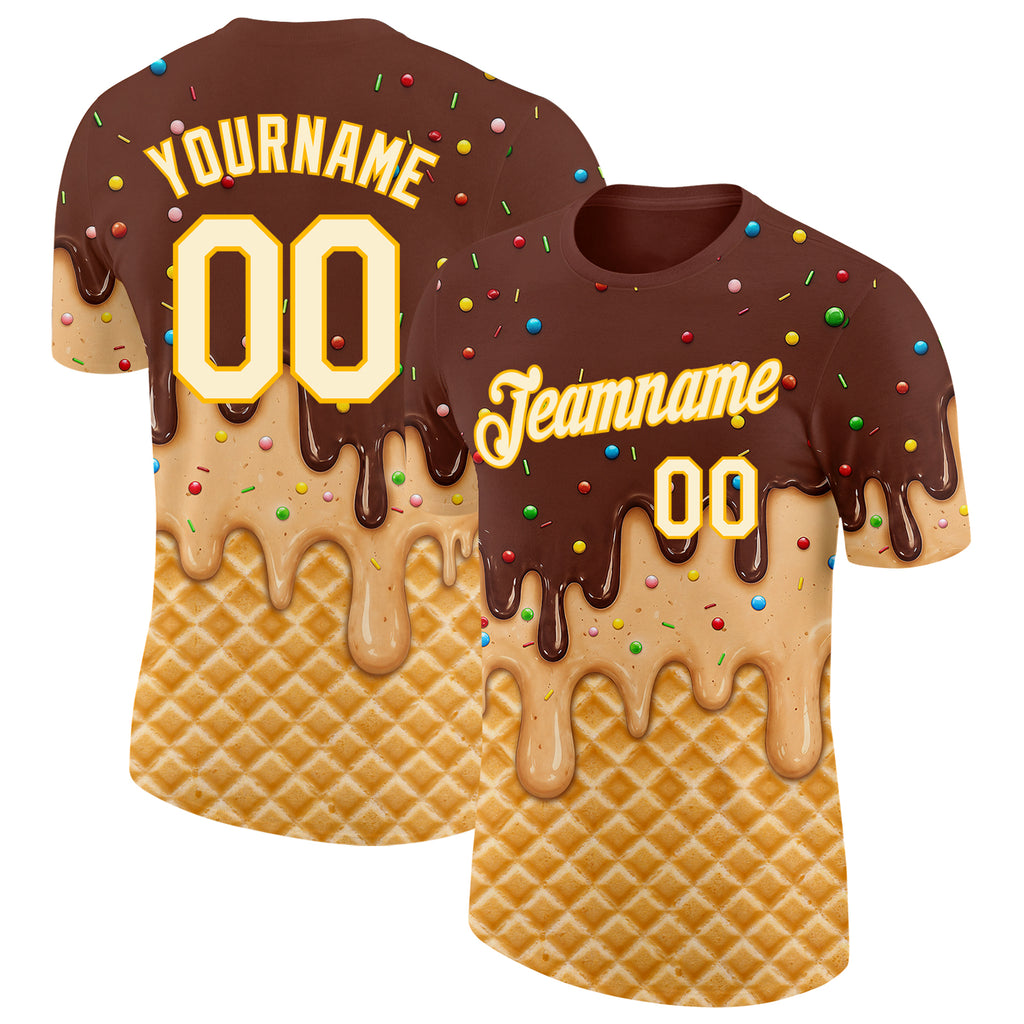 Custom Brown Cream-Gold Ice Cream Waffle Foodie Dessert Performance T-Shirt