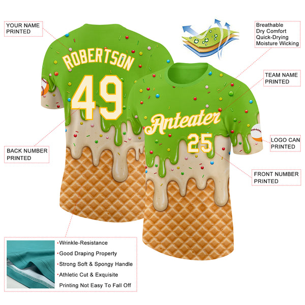 Custom Neon Green Cream-Gold Ice Cream Waffle Foodie Dessert Performance T-Shirt
