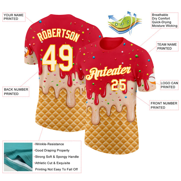Custom Fire Red Cream-Gold Ice Cream Waffle Foodie Dessert Performance T-Shirt