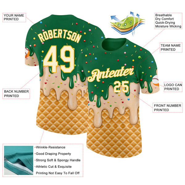 Custom Kelly Green Cream-Gold Ice Cream Waffle Foodie Dessert Performance T-Shirt