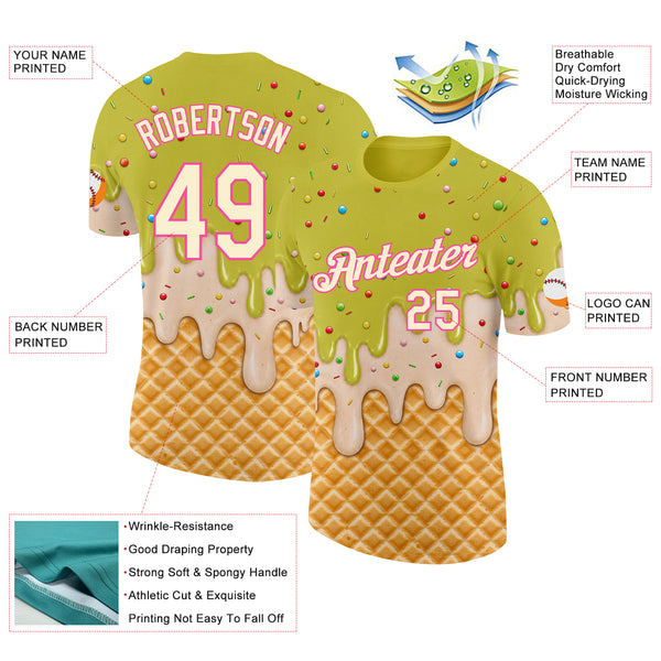 Custom Neon Yellow Cream-Pink Ice Cream Waffle Foodie Dessert Performance T-Shirt