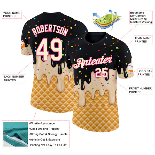 Custom Black Cream-Pink Ice Cream Waffle Foodie Dessert Performance T-Shirt