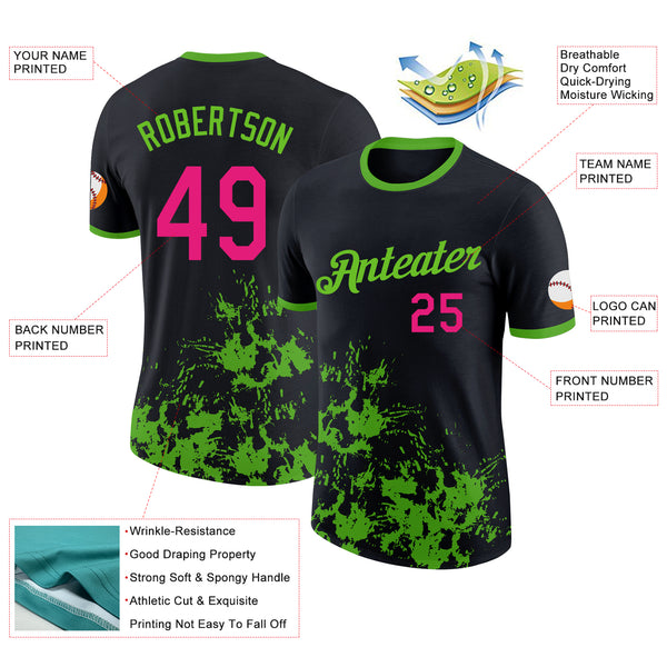Custom Black Hot Pink-Aurora Green Brush Stroke Splatter Performance T-Shirt