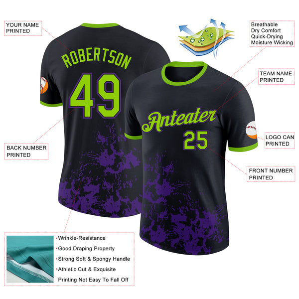 Custom Black Neon Green-Purple Brush Stroke Splatter Performance T-Shirt