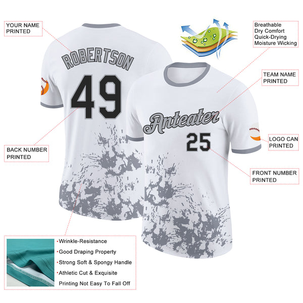 Custom White Black-Gray Brush Stroke Splatter Performance T-Shirt