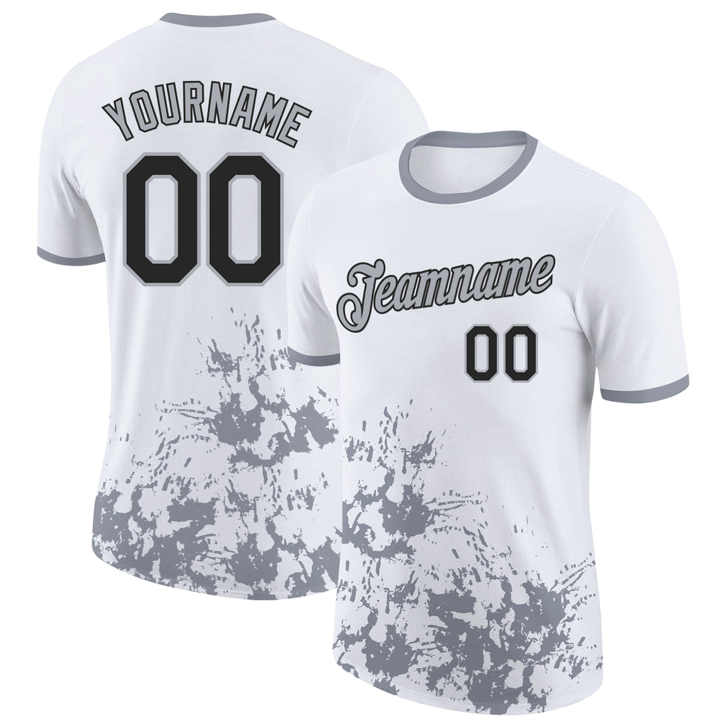 Custom White Black-Gray Brush Stroke Splatter Performance T-Shirt