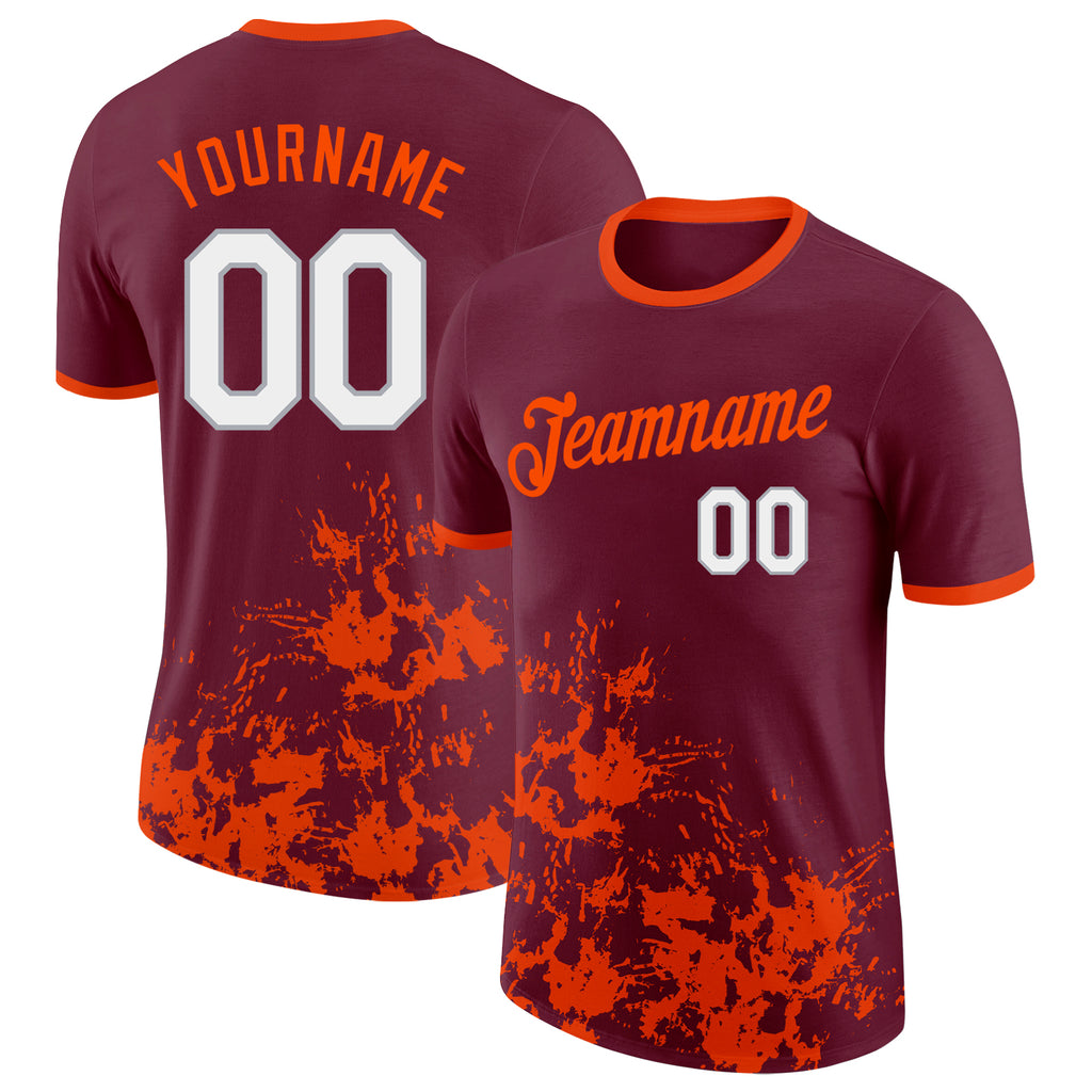 Custom Crimson White Orange-Gray Brush Stroke Splatter Performance T-Shirt