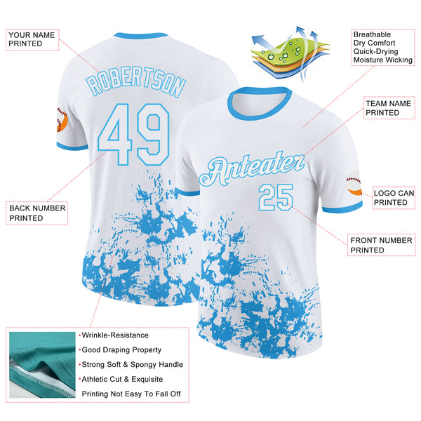 Custom White-Sky Blue Brush Stroke Splatter Performance T-Shirt