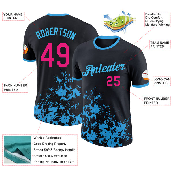 Custom Black Hot Pink-Sky Blue Brush Stroke Splatter Performance T-Shirt