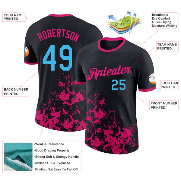 Custom Black Sky Blue-Hot Pink Brush Stroke Splatter Performance T-Shirt