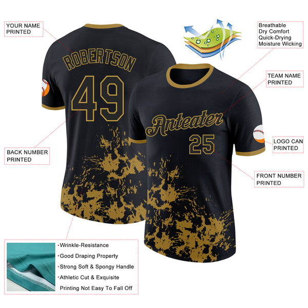 Custom Black-Old Gold Brush Stroke Splatter Performance T-Shirt