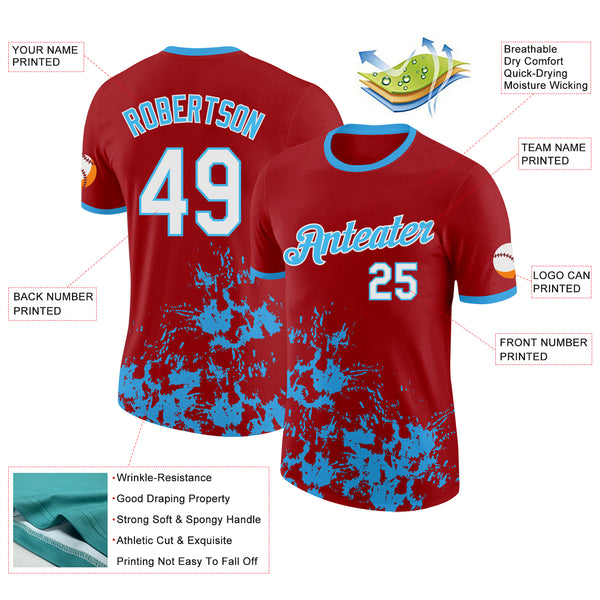 Custom Red White-Sky Blue Brush Stroke Splatter Performance T-Shirt