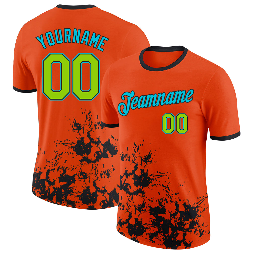 Custom Orange Neon Green Black-Lakes Blue Brush Stroke Splatter Performance T-Shirt