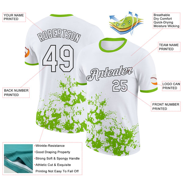 Custom White Neon Green-Black Brush Stroke Splatter Performance T-Shirt