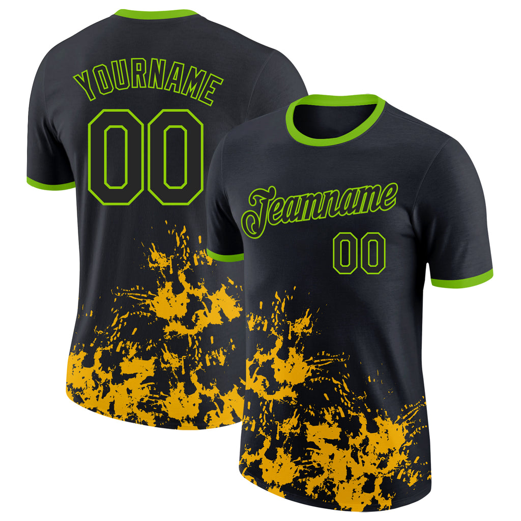 Custom Black Yellow-Neon Green Brush Stroke Splatter Performance T-Shirt