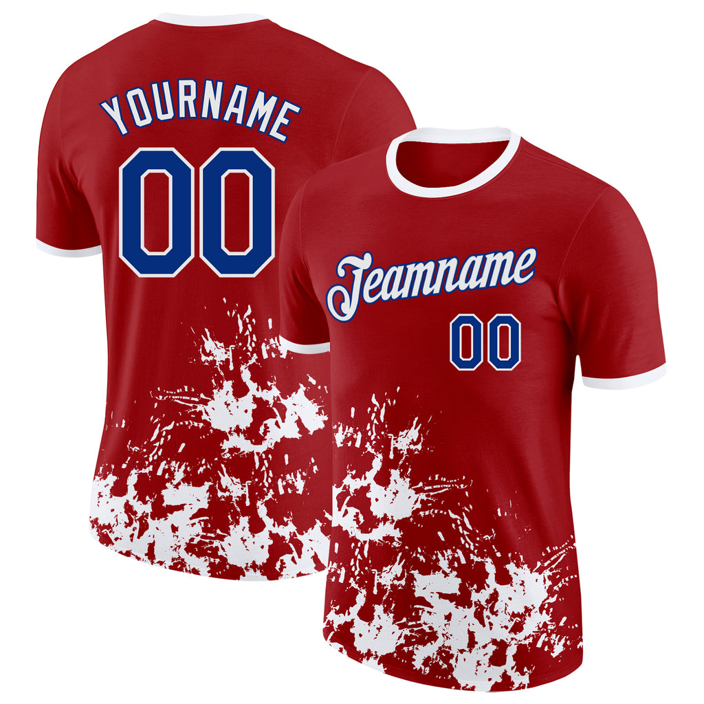 Custom Red Royal-White Brush Stroke Splatter Performance T-Shirt
