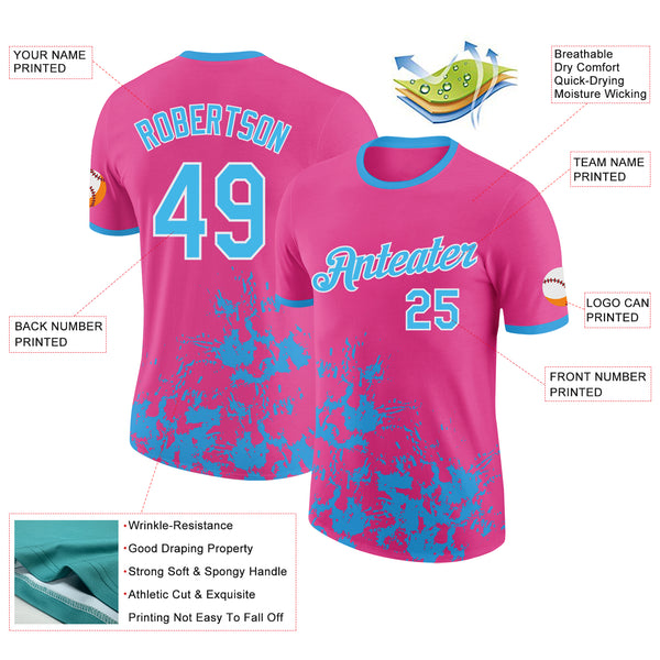 Custom Pink Sky Blue-White Brush Stroke Splatter Performance T-Shirt