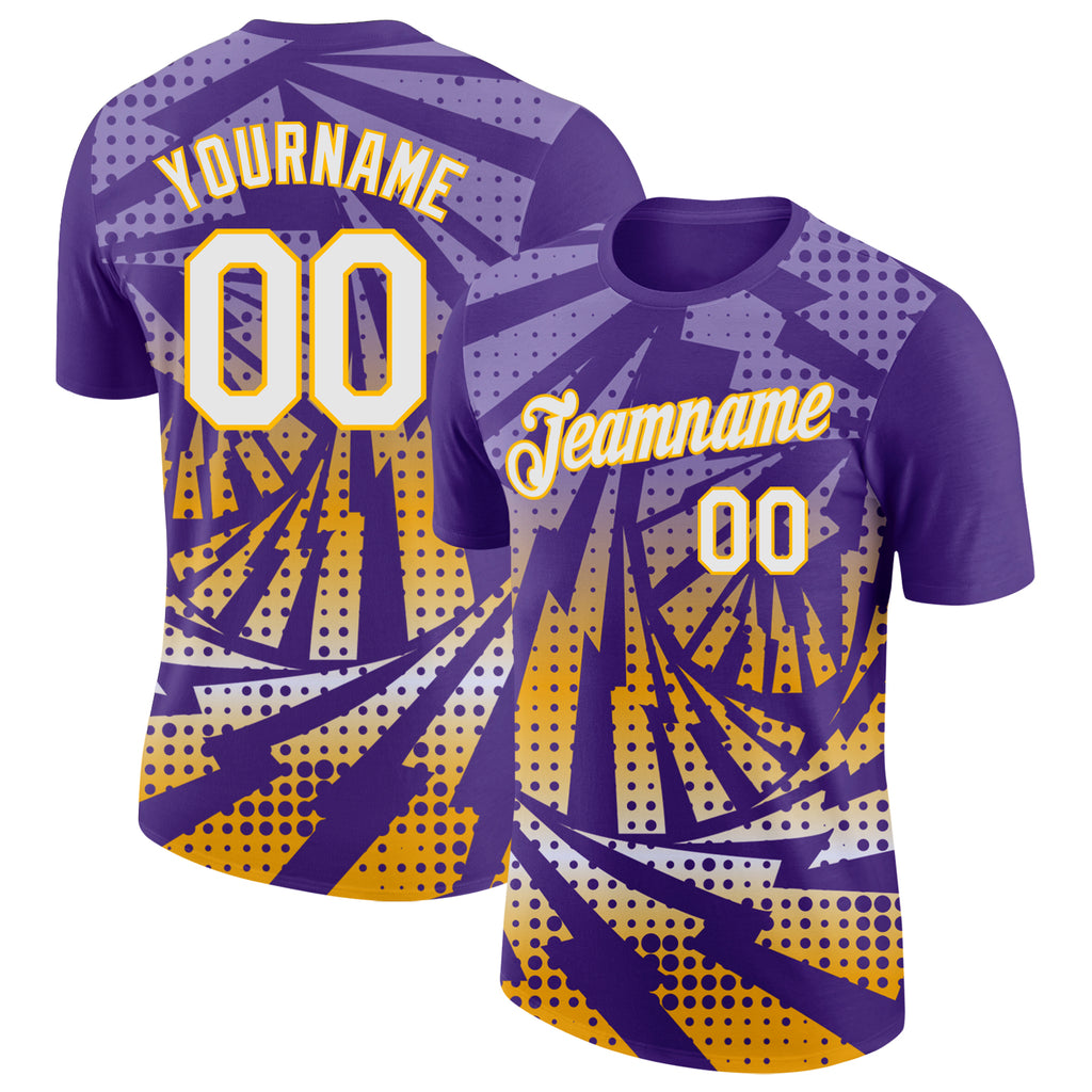 Custom Purple White-Gold Lightning Gradient Dot Performance T-Shirt