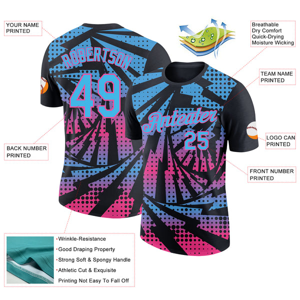 Custom Black Sky Blue-Pink Lightning Gradient Dot Performance T-Shirt