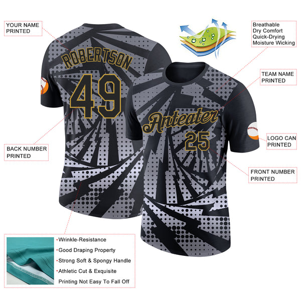 Custom Black Gray-Old Gold Lightning Gradient Dot Performance T-Shirt