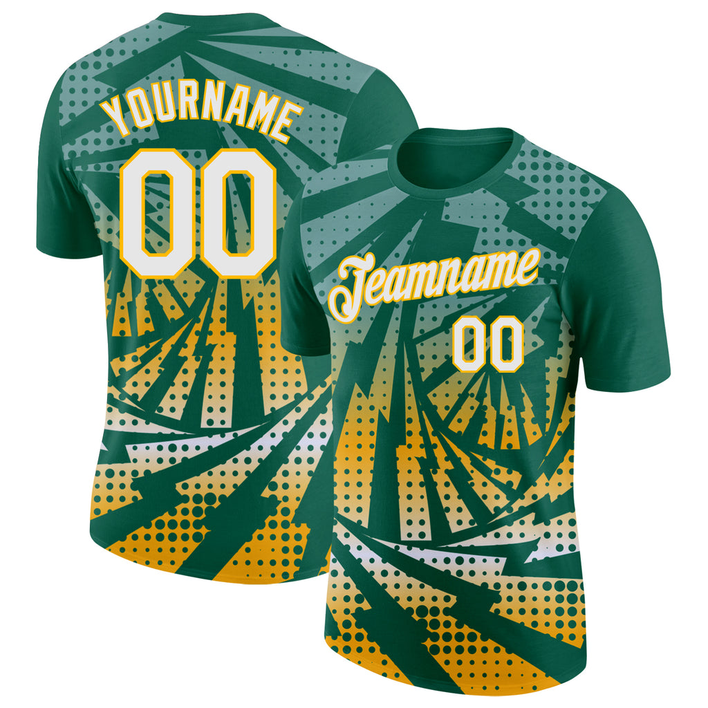 Custom Kelly Green White-Gold Lightning Gradient Dot Performance T-Shirt