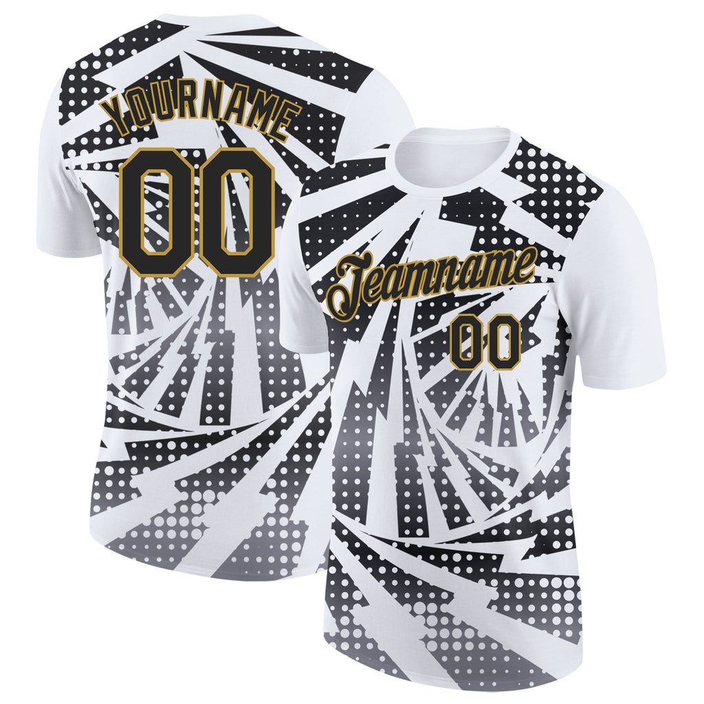 Custom White Black Gray-Old Gold Lightning Gradient Dot Performance T-Shirt