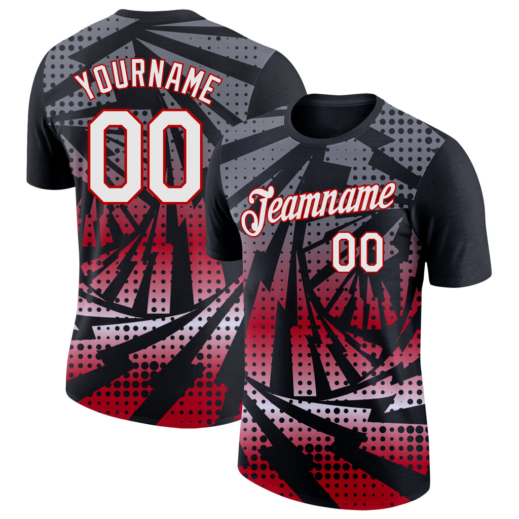 Custom Black White-Red Lightning Gradient Dot Performance T-Shirt