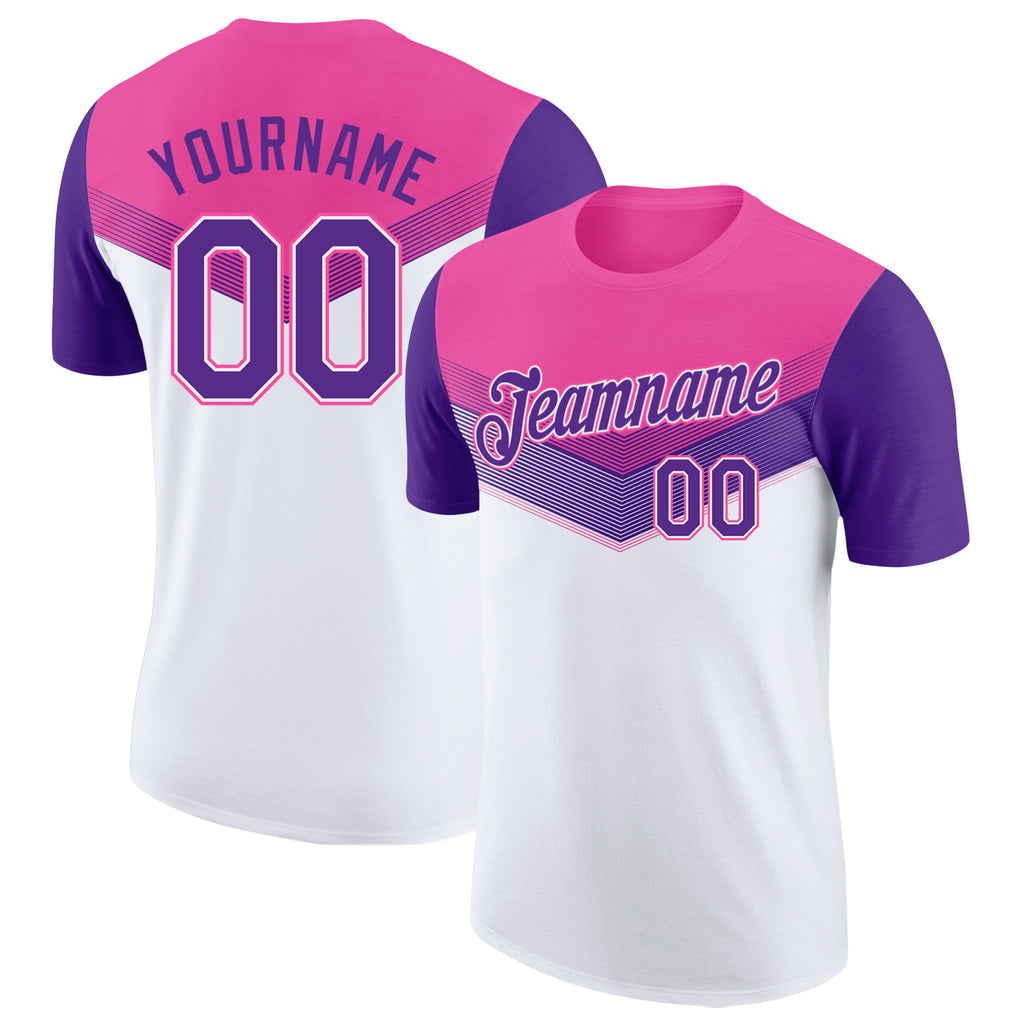 Custom Pink Purple-White Geometric V-Lines Color Block Performance T-Shirt