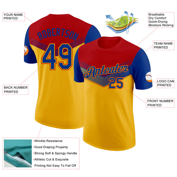 Custom Red Royal-Gold Geometric V-Lines Color Block Performance T-Shirt