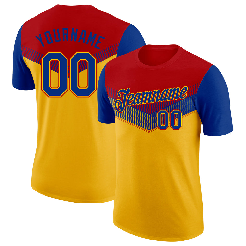 Custom Red Royal-Gold Geometric V-Lines Color Block Performance T-Shirt