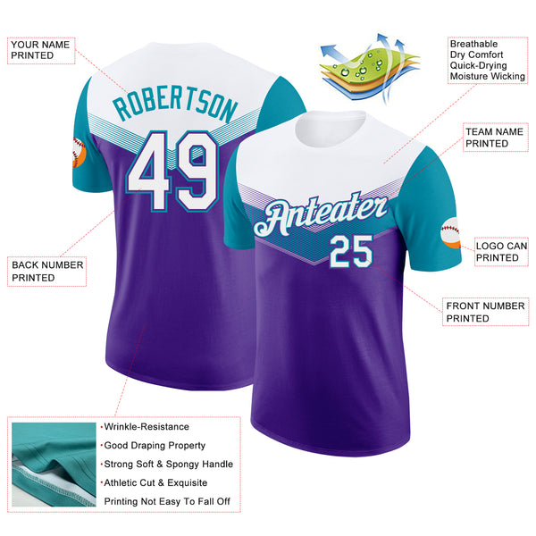 Custom White Purple-Teal Geometric V-Lines Color Block Performance T-Shirt