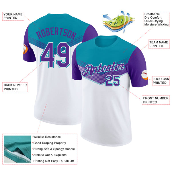 Custom Teal Purple-White Geometric V-Lines Color Block Performance T-Shirt