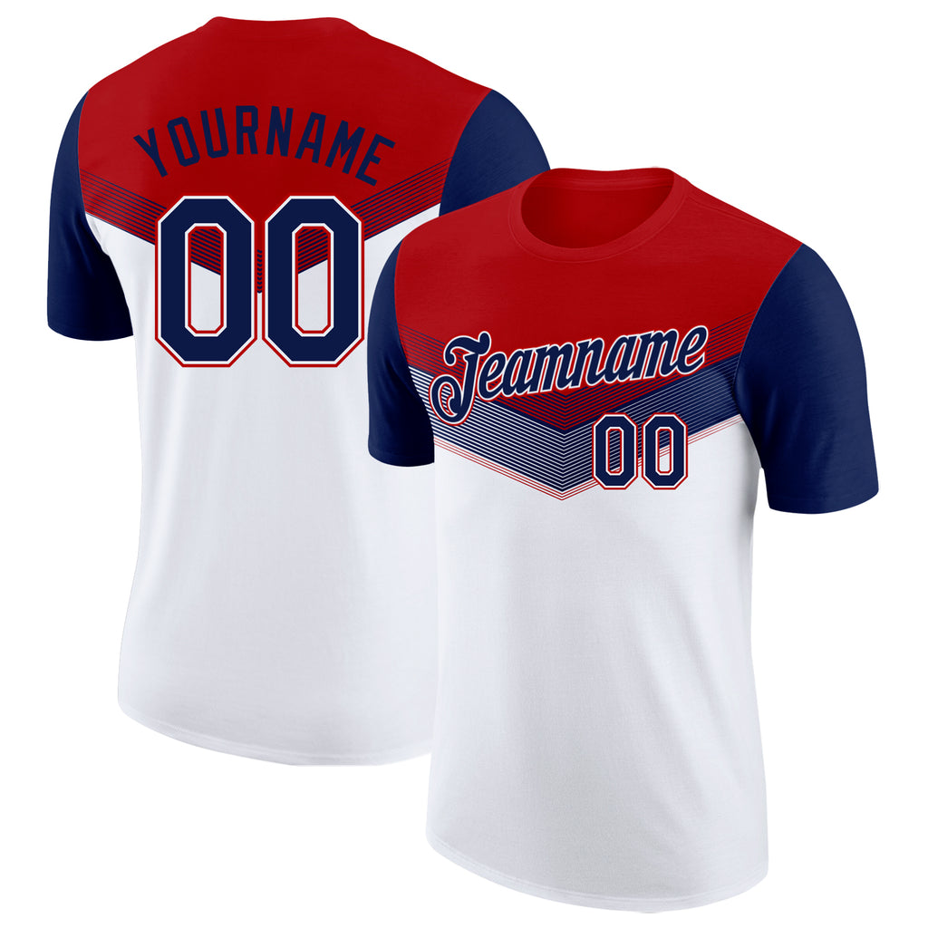 Custom Red Navy-White Geometric V-Lines Color Block Performance T-Shirt