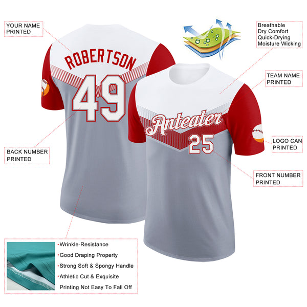 Custom White Gray-Red Geometric V-Lines Color Block Performance T-Shirt